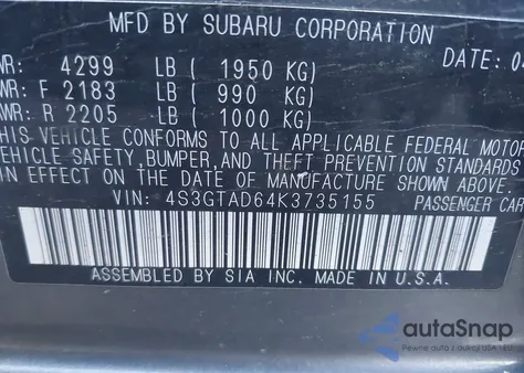 2019 Subaru Impreza 2.0I Premium z USA, uszkodzony, nr VIN 4S3GTAD64K3735155